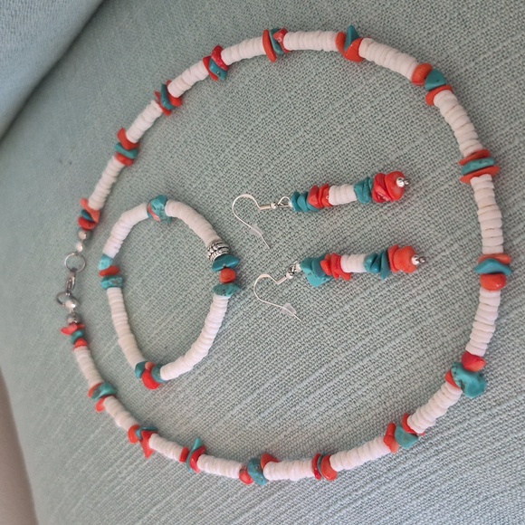 Shell, Turqouise, Coral, 3 Piece Jewelry Set, NATURAL - Picture 6 of 6
